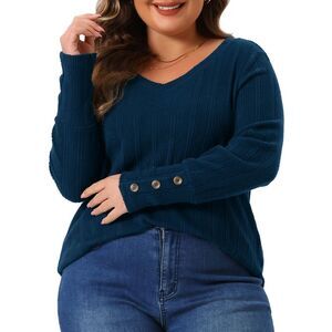 Plus Size Blouses Tops V Neck Button Stretch Pullover Sweater Navy Blue